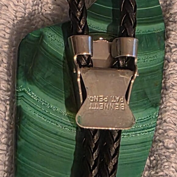 Vintage Metal Bolo Tie, Bennett, Nice Big Green Stone Design with Stripes, Nice - Picture 5 of 6